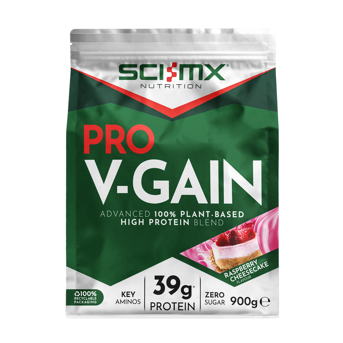 SCI-MX Pro V-Gain 900g Raspberry Cheesecake front-facing pouch